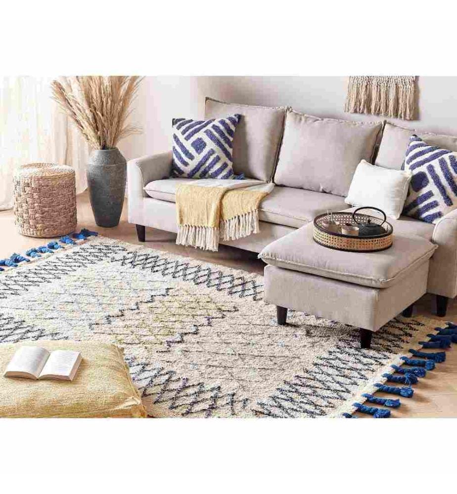 Teppich Beige und Blau Baumwolle Rechteckig 140 x 200 cm Geometrisches Muster Fransen Handgetuftet Boho Kurzhaar Fussbodenheizung Geeignet