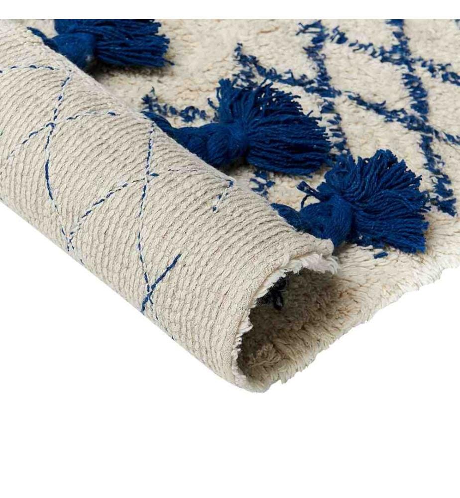 Tapis Beige et Bleu en Coton 140 x 200 cm Motif Géométrique et Pompons Fait Main Salon Chambre à Coucher Moderne Boho