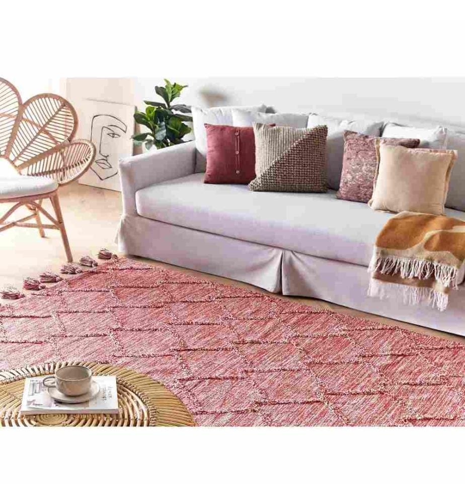Teppich Rot Baumwolle 140 x 200 cm Rechteckig mit Quasten Boho Stil Handgetuftet für Wohnzimmer Schlafzimmer Flur