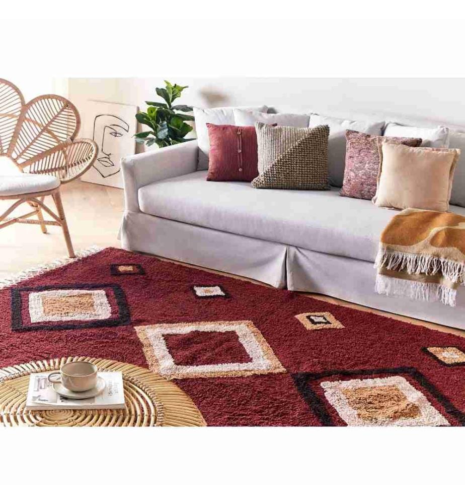 Tapis Rouge en Coton 160 x 230 cm à Motif Géométrique Diamant avec Pompons Style Boho Oriental Doux Poil Ras