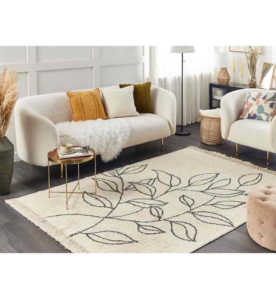 Tapis Beige et Noir en Coton 160 x 230 cm à Motif de Plantes et Franges Convient au Chauffage par le Sol Tissu Doux Rectangulaire