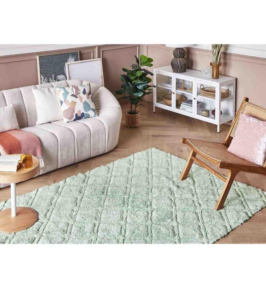 Teppich Hellgrün Baumwolle 140 x 200 cm Rechteckig Geometrisches Muster Boho Fussbodenheizug Geeignet Wohnzimmer Schlafzimmer Esszimmer Flur