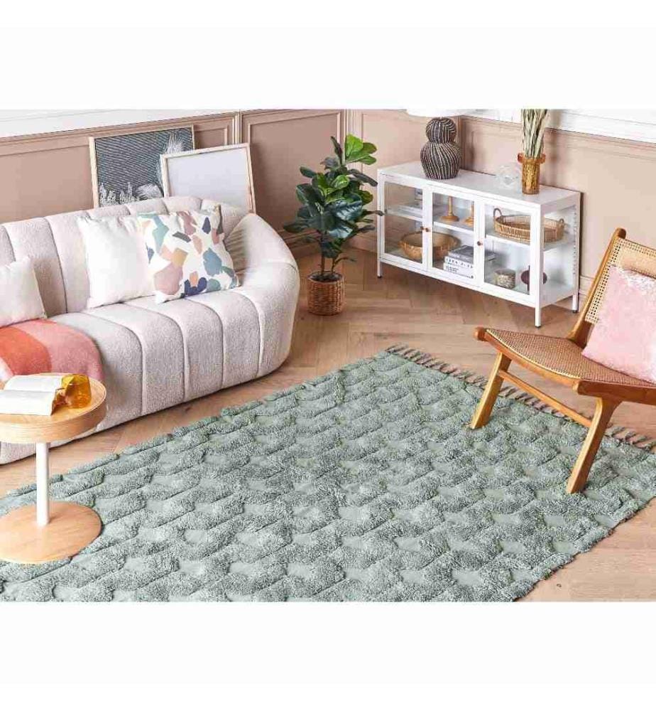 Tapis Vert en Coton 160 x 230 cm à Motif Texturé Touffeté à la Main Convient au Chauffage par le Sol Tissu Doux