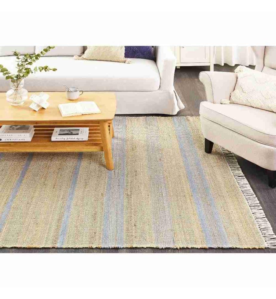 Teppich Beige / Blau Jute 160 x 230 cm Rechteckig Natürlich Handgewebt Streifenmuster Boho Fussbodenheizug Geeignet Wohnzimmer Esszimmer Flur