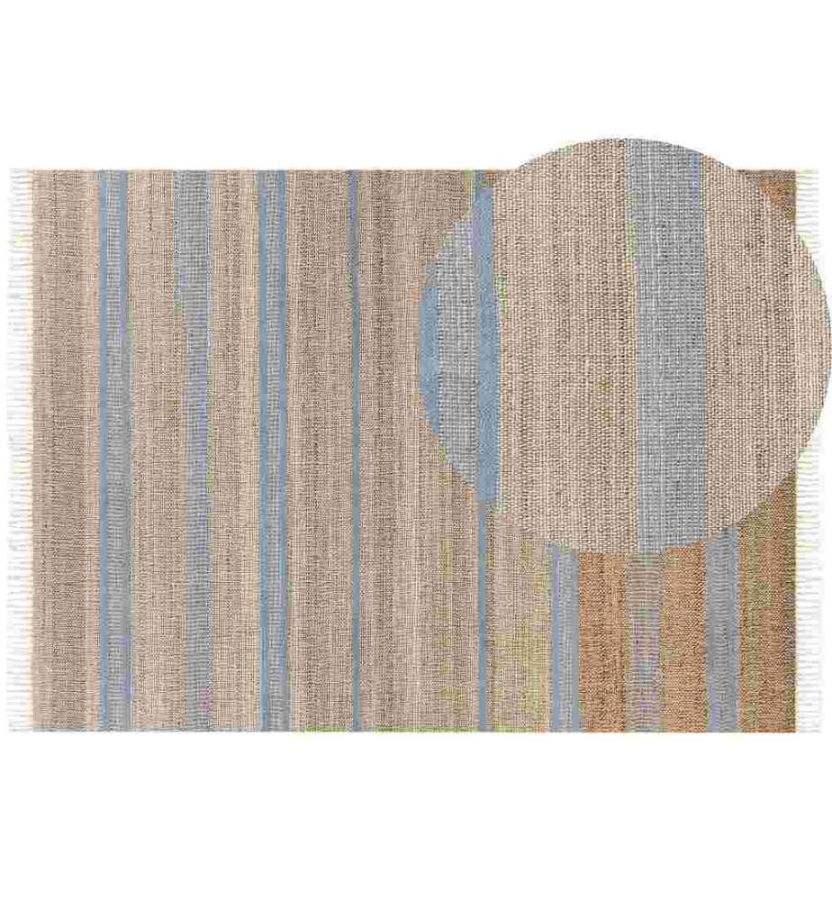 Teppich Beige / Blau Jute 160 x 230 cm Rechteckig Natürlich Handgewebt Streifenmuster Boho Fussbodenheizug Geeignet Wohnzimmer Esszimmer Flur