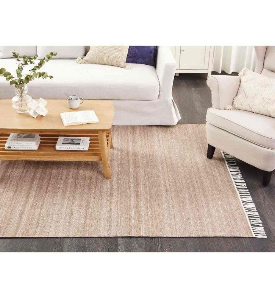 Outdoor Teppich Beige Kunststoff 160 x 230 cm Rechteckig mit Fransen Handgewebt Farbverlauf Boho Fussbodenheizug Geeignet Garten Indoor