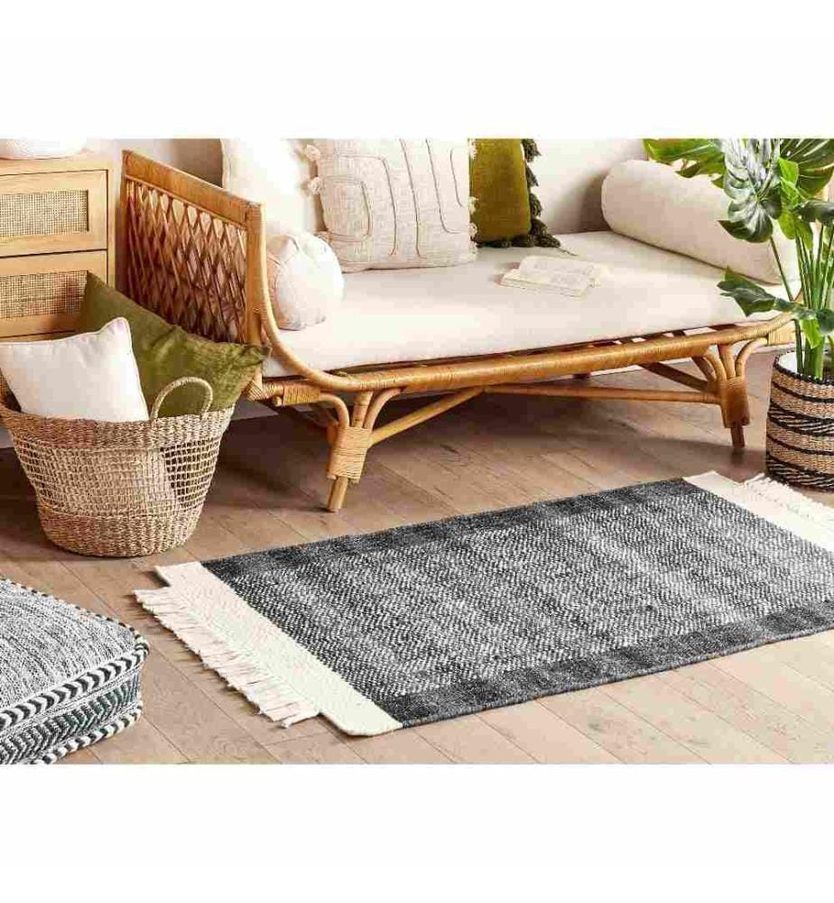 Tapis Blanc Cassé et Noir en Laine 80 x 150 cm avec Franges Fait Main Tissu Doux pour Salon ou Chambre Rectangulaire