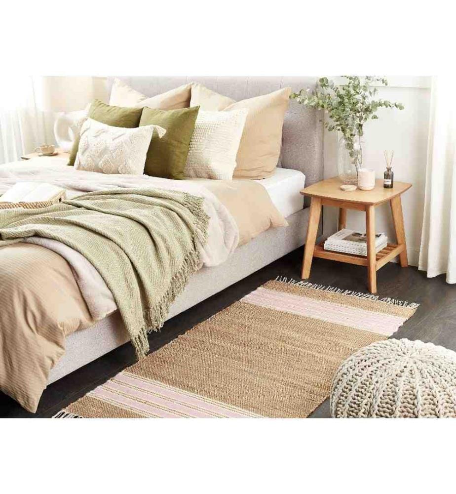 Teppich Beige / Rosa Jute 80 x 150 cm Rechteckig Handgewebt Streifenmuster Kurzflor Läufer mit Fransen Boho Fussbodenheizug Geeignet Wohnzimmer
