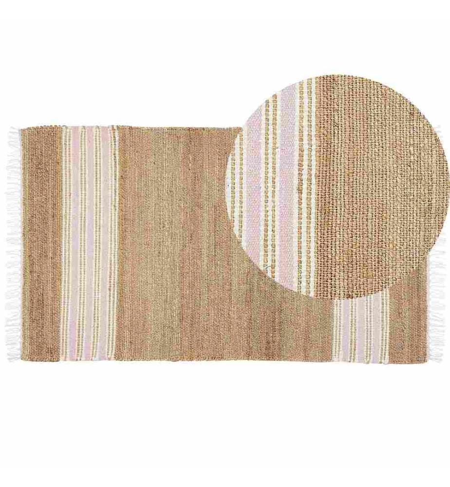 Teppich Beige / Rosa Jute 80 x 150 cm Rechteckig Handgewebt Streifenmuster Kurzflor Läufer mit Fransen Boho Fussbodenheizug Geeignet Wohnzimmer