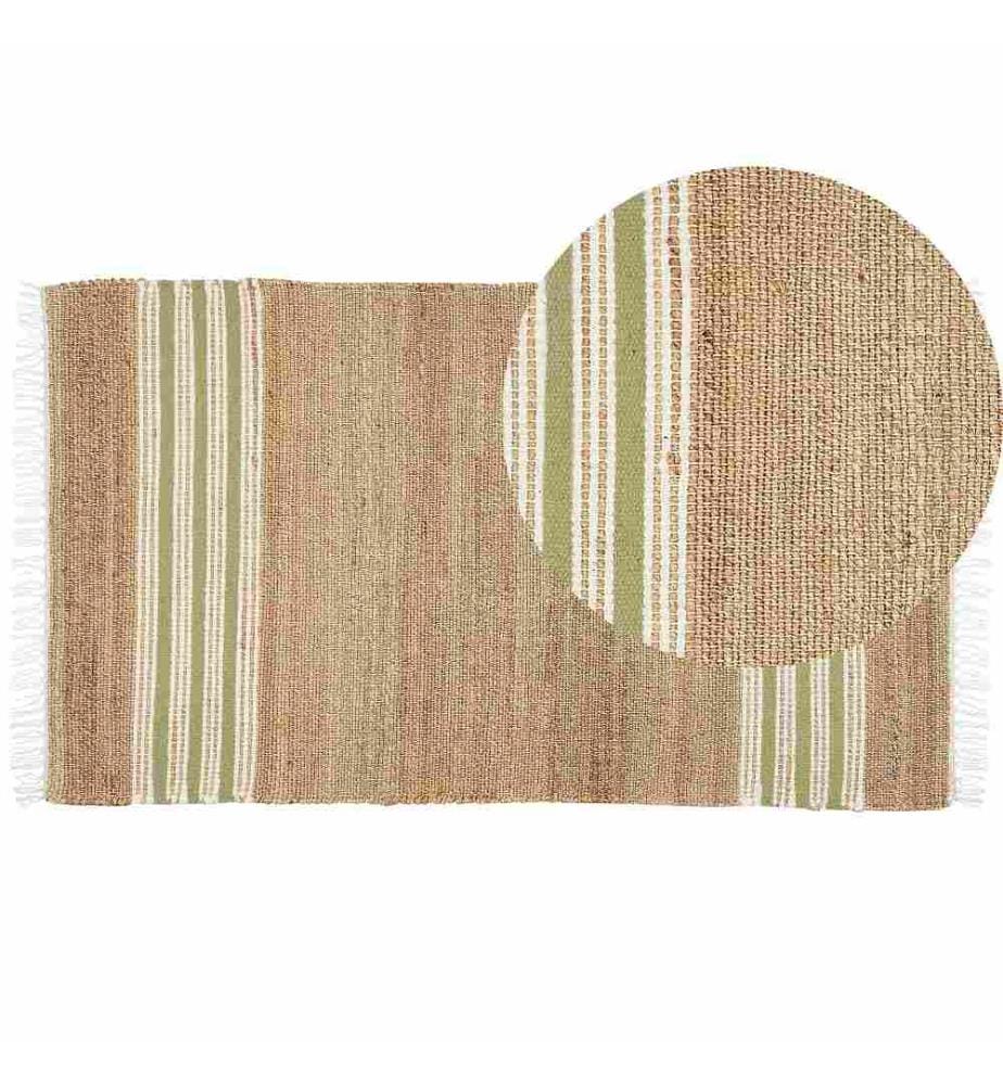 Tapis Beige et Vert Olive en Jute 80 x 150 cm Rectangulaire avec Franges et Motif Rayé Tissé à la Main Accessoire Couloir Chambre Style Bohème
