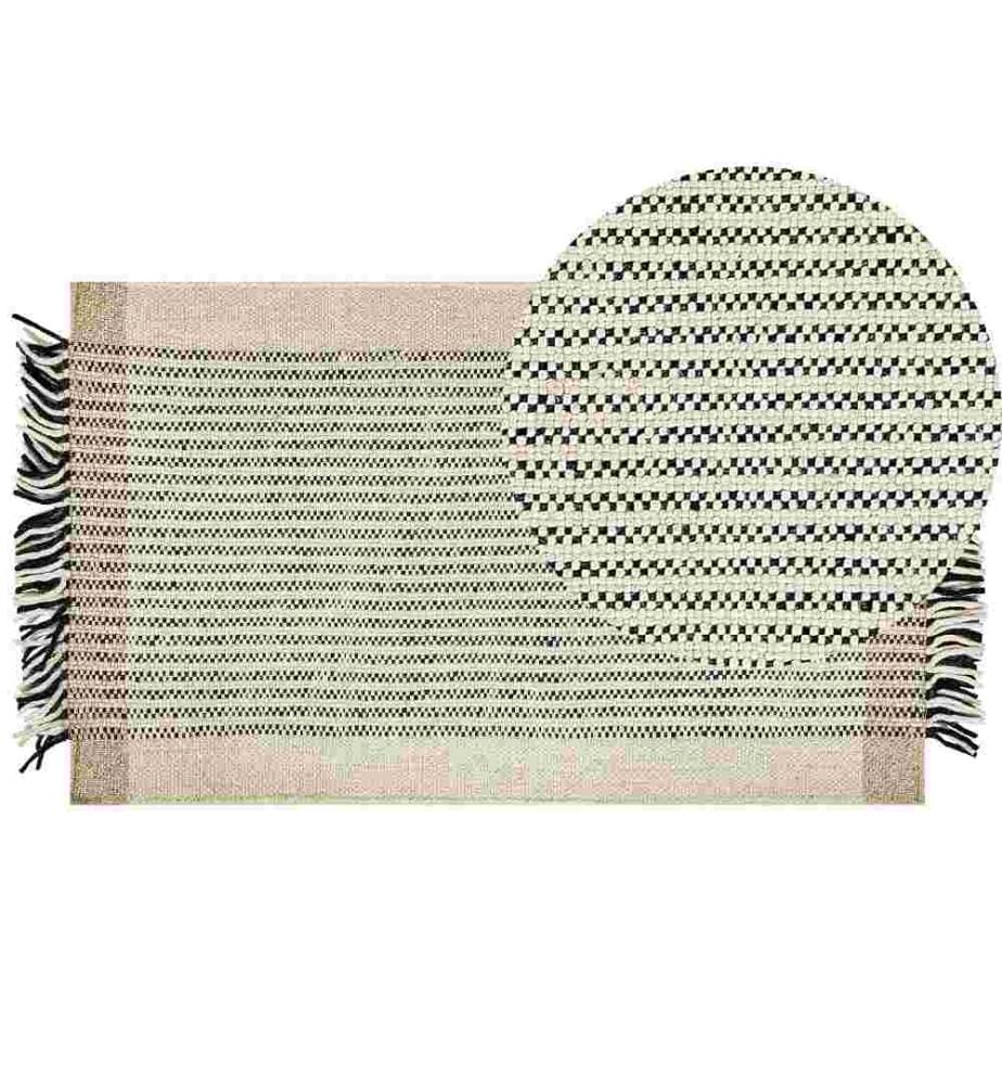 Tapis Beige et Noir en Laine 80 x 150 cm à Franges Décoratives de Style Scandinave Accessoire Déco Moderne pour Salon