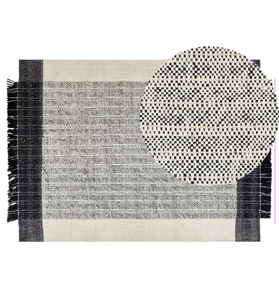 Teppich Schwarz / Cremeweiss Wolle 140 x 200 cm Rechteckig Handgewebt Streifenmuster Kurzflor mit Fransen Boho Wohnzimmer Schlafzimmer Esszimmer