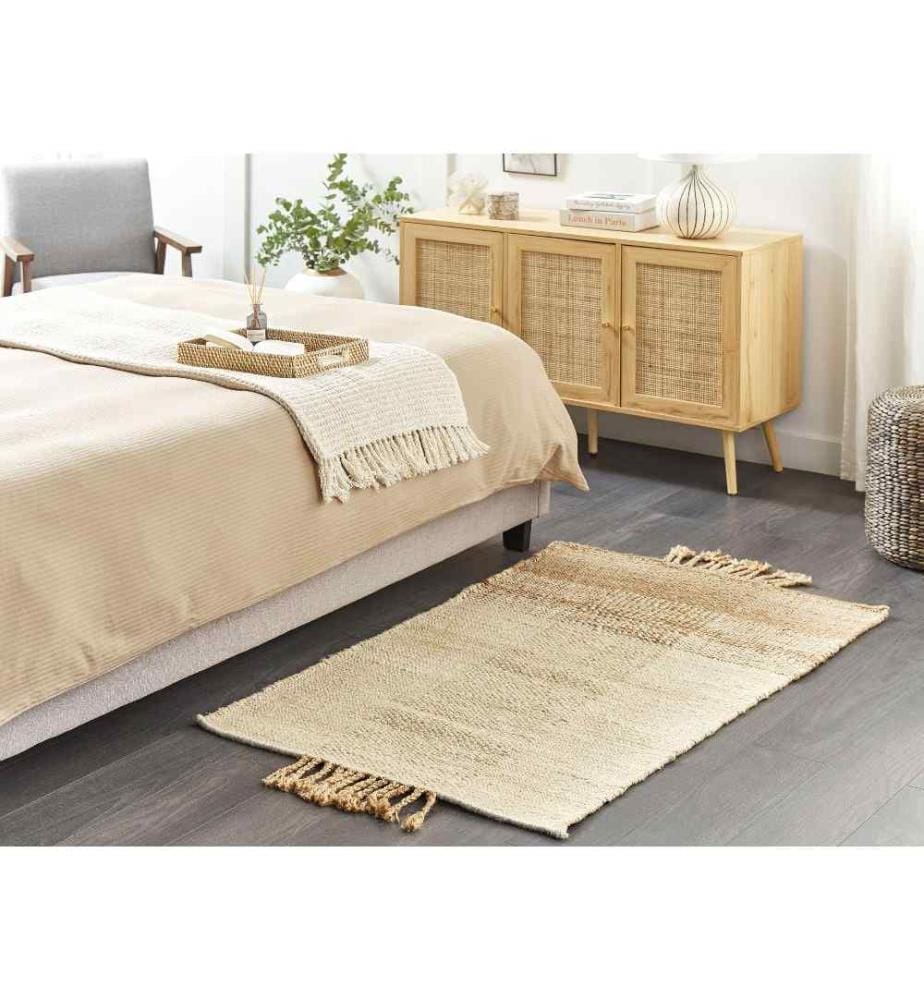 Tapis Beige en Jute 80 x 150 cm Rectangulaire avec Pompons Motif Géométrique Tissé à la Main Déco Boho Chambre à Coucher Salon