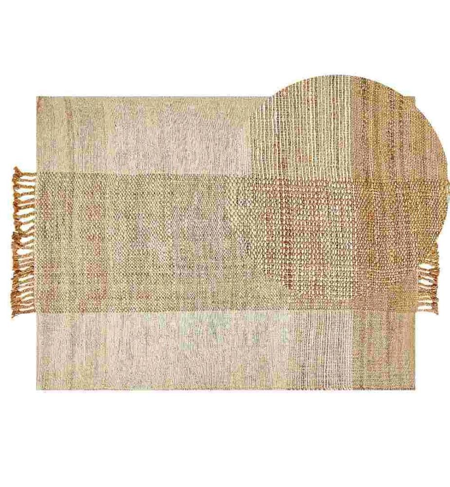 Tapis Beige en Jute 140 x 200 cm Rectangulaire avec Pompons Motif Géométrique Tissé à la Main Déco Boho Chambre à Coucher Salon
