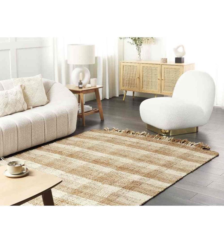 Teppich Beige Jute 140 x 200 cm Rechteckig Natürlich Handgewebt Geometrisches Muster Kurzflor Fransen Boho Wohnzimmer Schlafzimmer Esszimmer