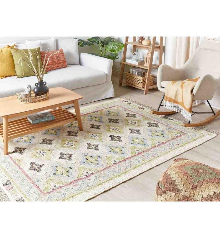 Teppich Beige aus Jute 160 x 230 cm Rechteckig mit Fransen Orientalisch Kurzflor für Wohnzimmer Schlafzimmer Esszimmer