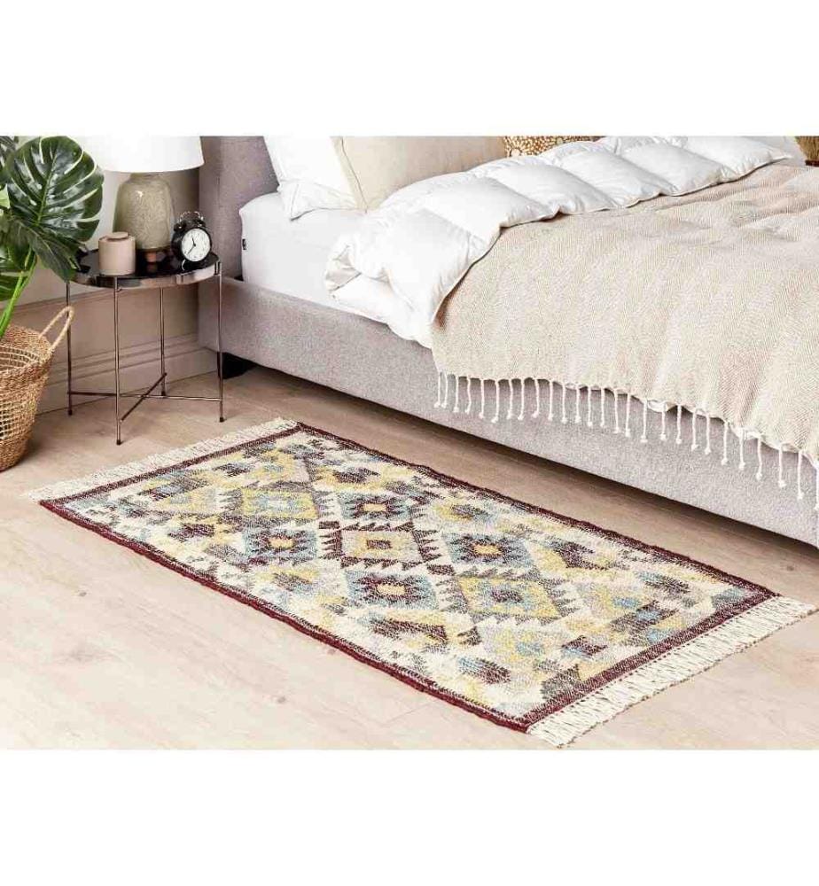 Teppich Mehrfarbig aus Jute 80 x 150 cm Rechteckig mit Fransen Geometrisches Muster Kurzflor für Wohnzimmer Schlafzimmer Esszimmer