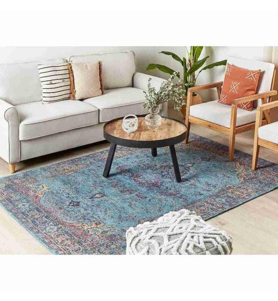 Tapis Bleu en Coton et Polyester 200 x 300 cm à Motif Oriental Effet Vieilli Vintage Tissu Jacquard Facile à Entretenir et Durable