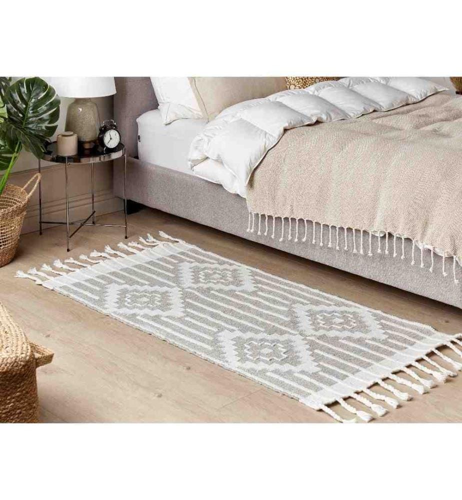 Teppich Grau und Weiss Kunststoff 80 x 150 cm Outdoor u. Indoor Matte Modern mit Muster Rechteckig Kurzflor Gartenaccessoires Balkon Wohnzimmer