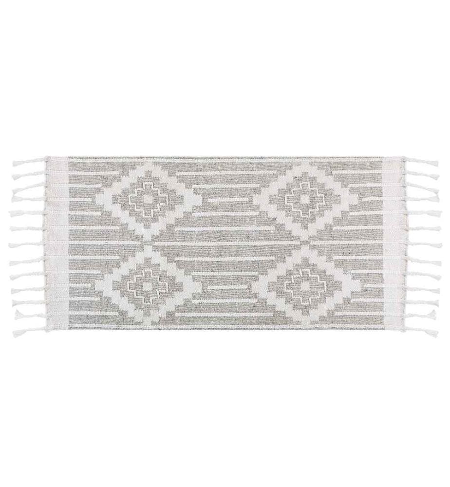 Tapis Gris et Blanc en Matière Synthétique 80 x 150 cm à Pompons Fait Main Style Indien pour Intérieur et Extérieur