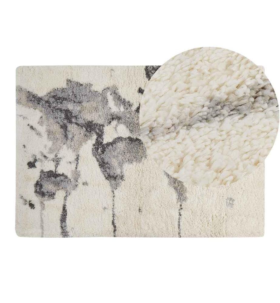 Tapis Blanc et Gris en Polyester 160 x 230 cm à Motif Abstrait Poils Longs Moderne Chaleureux Inspiration Carte du Monde pour Salon ou Chambre