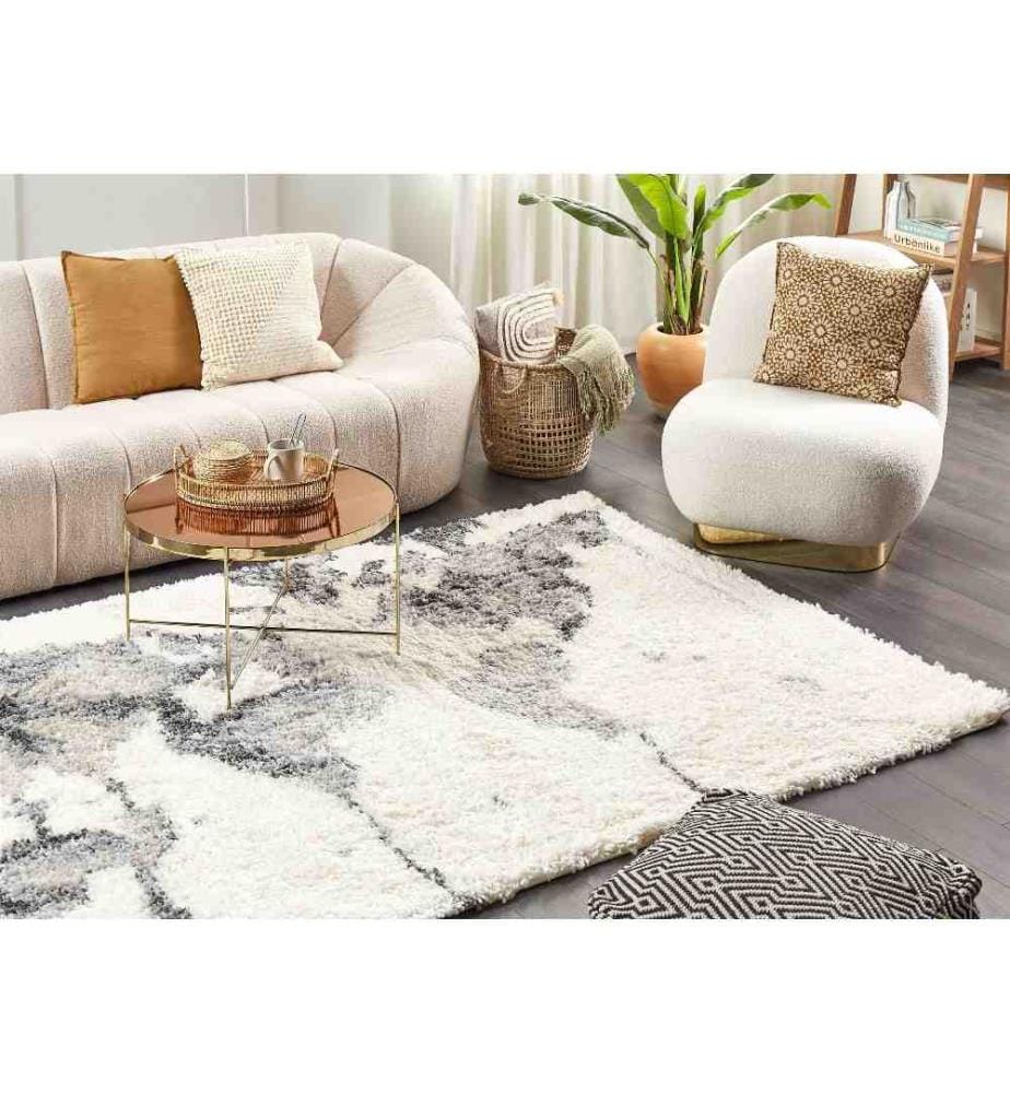 Tapis Blanc et Gris en Polyester 200 x 300 cm à Motif Abstrait Poils Longs Moderne Chaleureux Inspiration Carte du Monde pour Salon ou Chambre