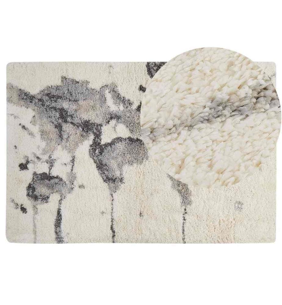 Tapis Blanc et Gris en Polyester 200 x 300 cm à Motif Abstrait Poils Longs Moderne Chaleureux Inspiration Carte du Monde pour Salon ou Chambre
