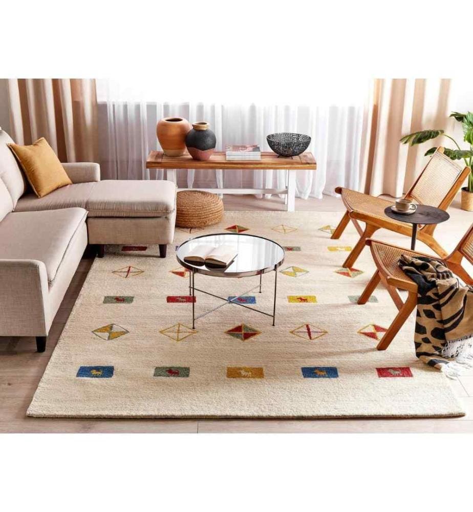 Tapis Beige en Laine 200 x 300 cm Rectangulaire Motif Animalier Touffeté à la main Style Boho Salon Chambre Traditionnel