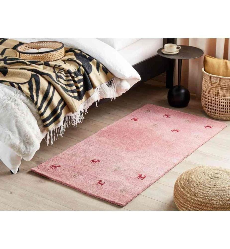Teppich Rosa aus Wolle 80 x 150 cm Rechteckig Hochflor mit Tier Muster Western Motiv Weich für Wohnzimmer Kinderzimmer Schlafzimmer Flur