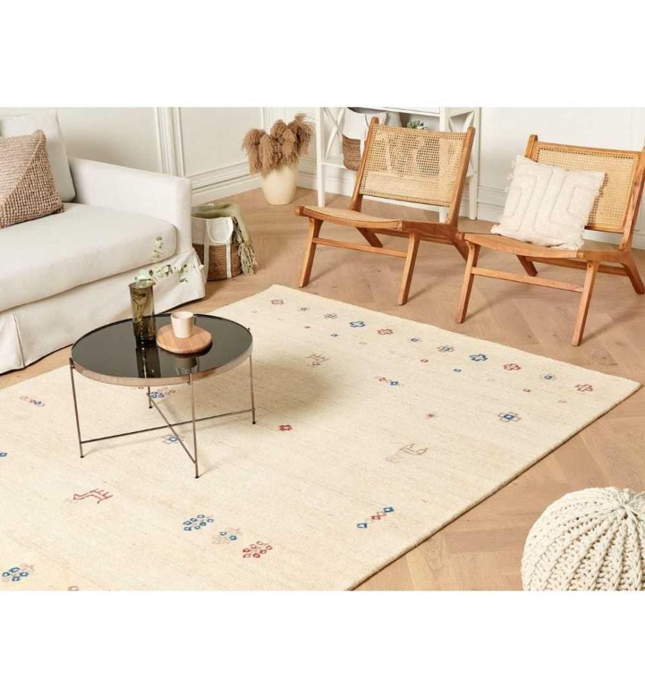 Gabbeh Beige Wollteppich 200 x 300 cm Handgetuftetes Tier- und Blumenmotiv Wohnzimmer Schlafzimmer Traditioneller Boho Teppich