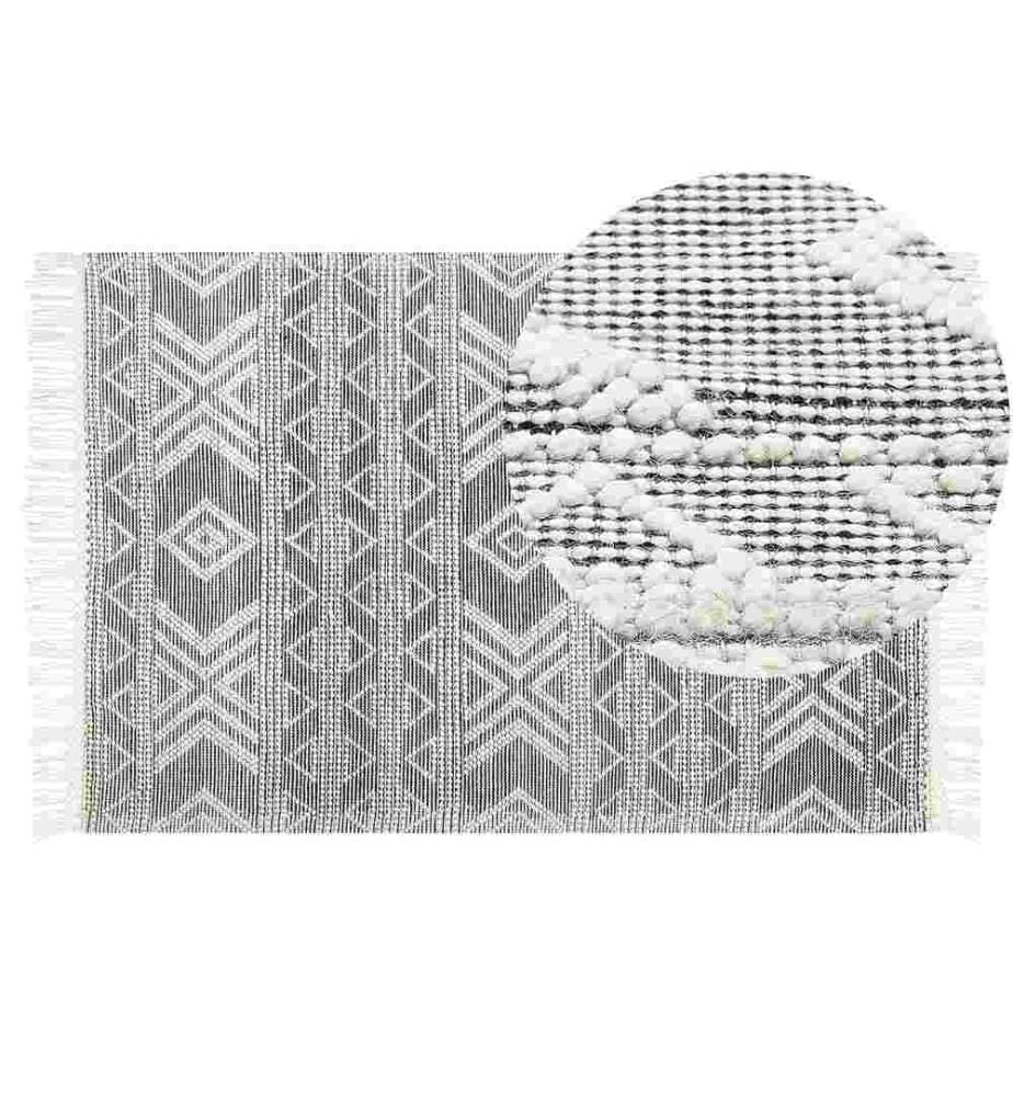 Wollteppich Weiss und Schwarz 160 x 230 cm Geometrisches Muster mit Quasten handgewebtes Wohnzimmer Schlafzimmer Boho Modern