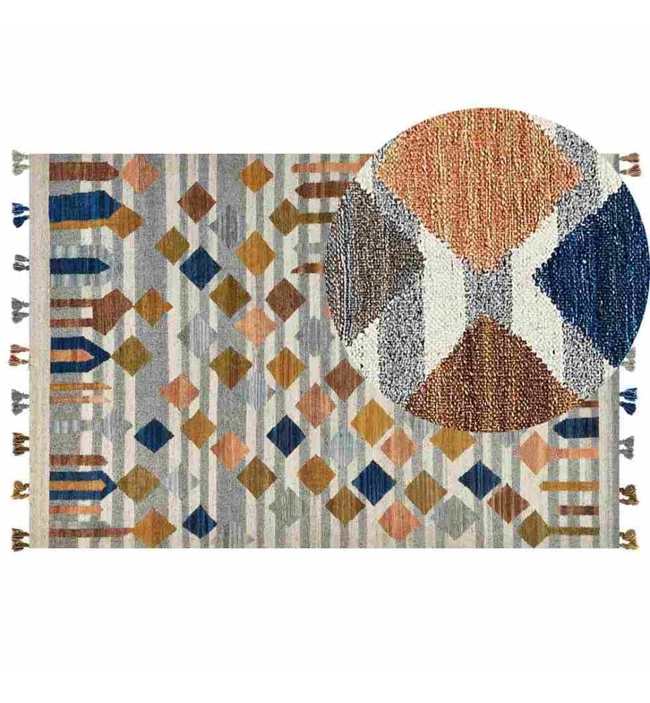 Kelim-Teppich Mehrfarbig Wolle und Baumwolle 200 x 300 cm mit Quasten Geometrischem Muster Handgewebt Boho Fussbodenheizung Geeignet
