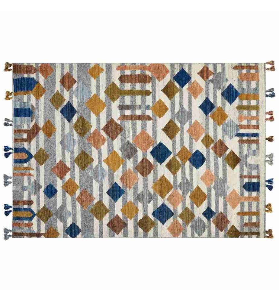 Kelim-Teppich Mehrfarbig Wolle und Baumwolle 200 x 300 cm mit Quasten Geometrischem Muster Handgewebt Boho Fussbodenheizung Geeignet
