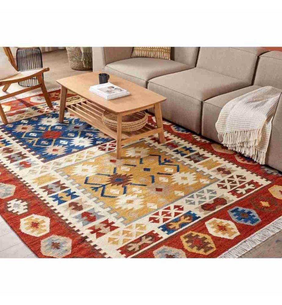 Tapis Kilim Multicolore en Laine et Coton 200 x 300 cm avec Franges Oriental Fait Main Style Bohème Motif Géométrique Unique