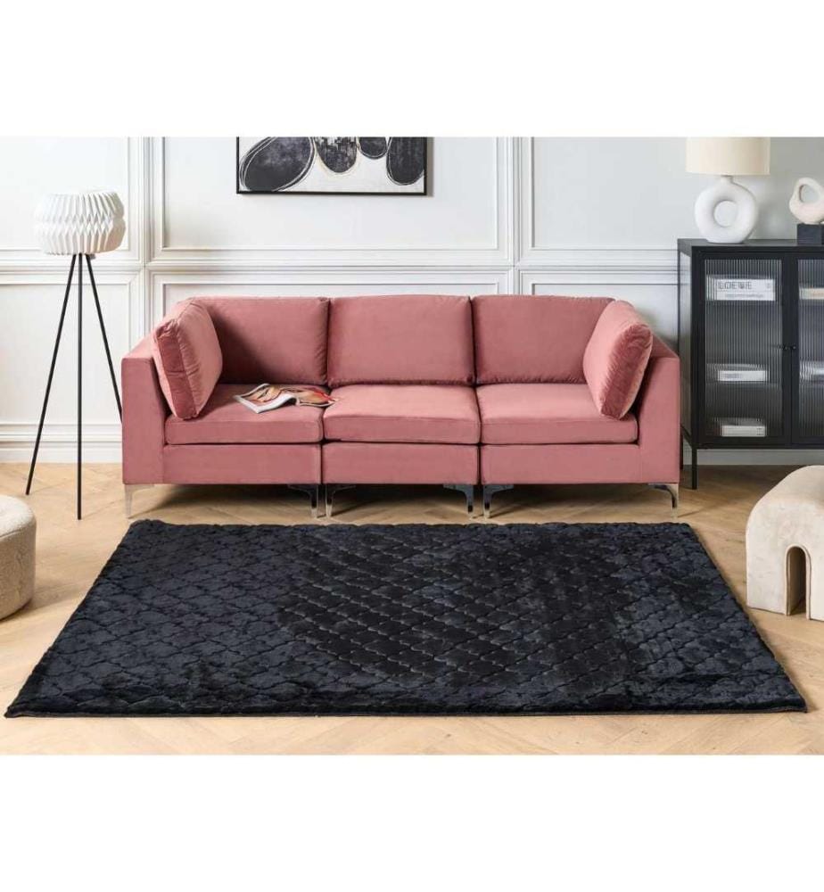 Teppich Schwarz Kaninchen-Kunstfell 160x230 cm Einfarbig Handgefertigt Marokkanisches Muster Shaggy Modern Glamour Wohnzimmer Ausstattung Deko