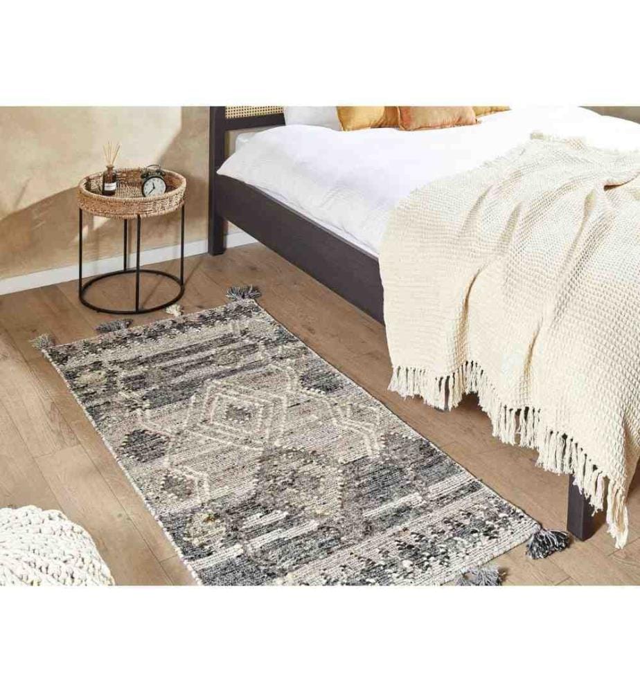 Kelim-Teppich Mehrfarbig Wolle und Baumwolle 80 x 150 cm mit Quasten Geometrischem Muster Handgewebt Boho für Fussbodenheizung Geeignet