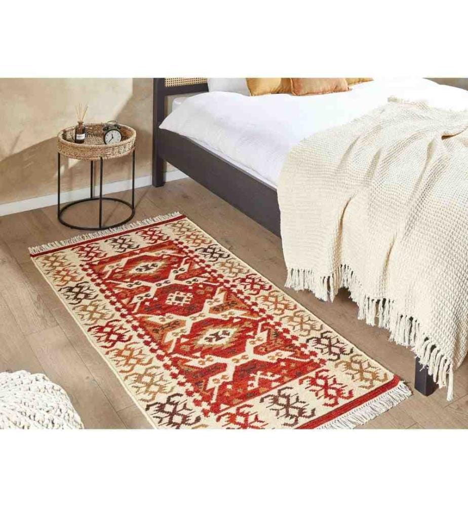 Kelim-Teppich Mehrfarbig Wolle und Baumwolle 80 x 150 cm mit Fransen Geometrischem Muster Handgewebt Boho Läufer für Fussbodenheizung Geeignet