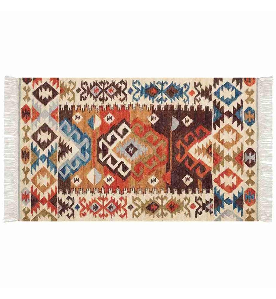 Kelim-Teppich Mehrfarbig Wolle und Baumwolle 80 x 150 cm mit Fransen Geometrischem Muster Handgewebt Boho Läufer für Fussbodenheizung Geeignet