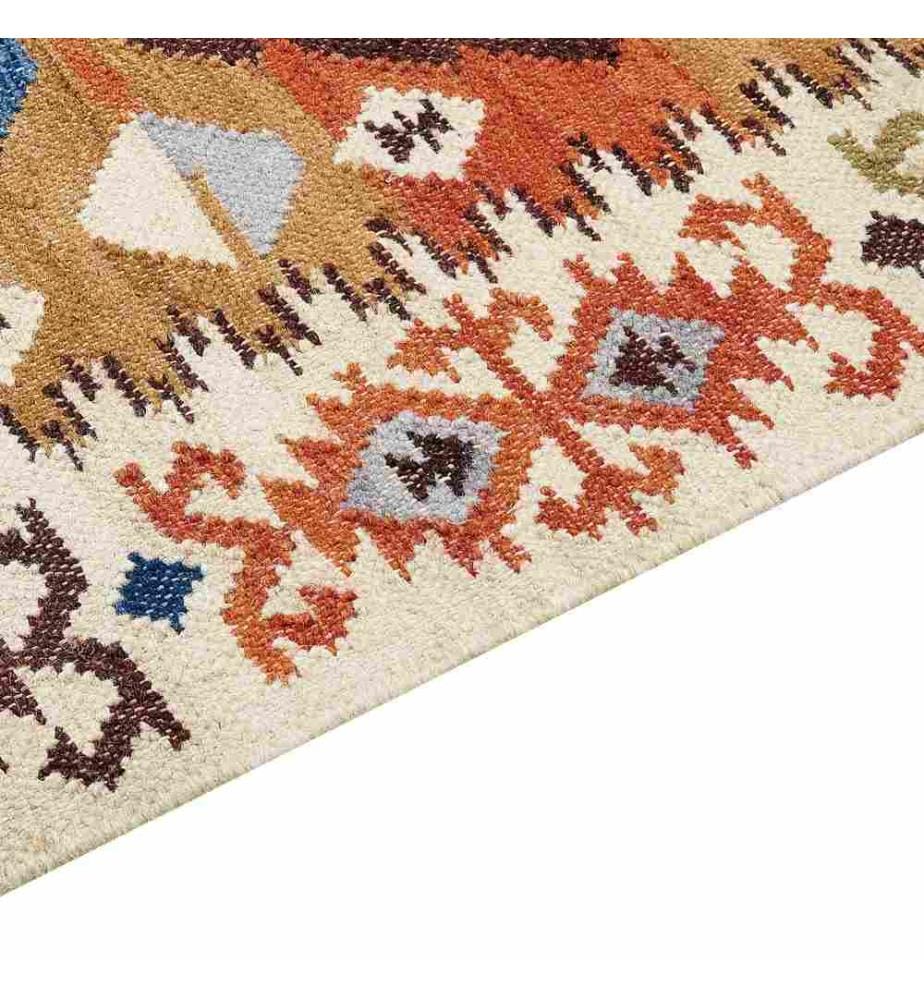 Kelim-Teppich Mehrfarbig Wolle und Baumwolle 80 x 150 cm mit Fransen Geometrischem Muster Handgewebt Boho Läufer für Fussbodenheizung Geeignet