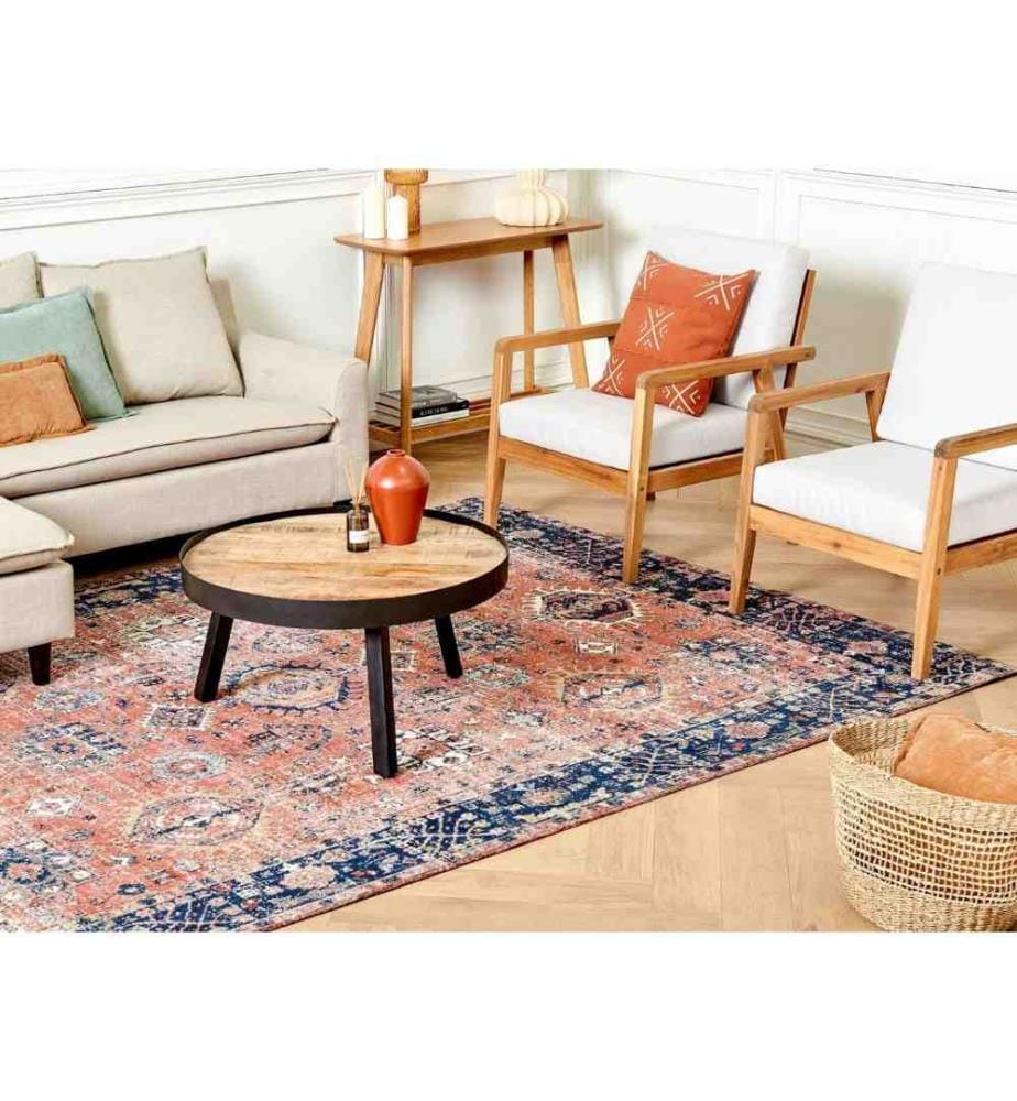 Tapis Rouge et Bleu en Coton 200 x 300 cm Rectangulaire Motif Oriental pour Hall d'Entrée ou Couloir Boho