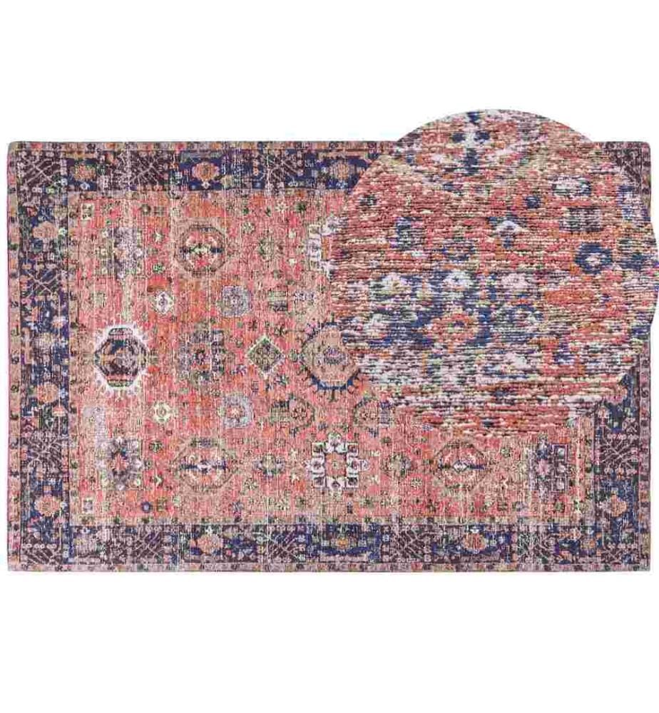 Tapis Rouge et Bleu en Coton 200 x 300 cm Rectangulaire Motif Oriental pour Hall d'Entrée ou Couloir Boho