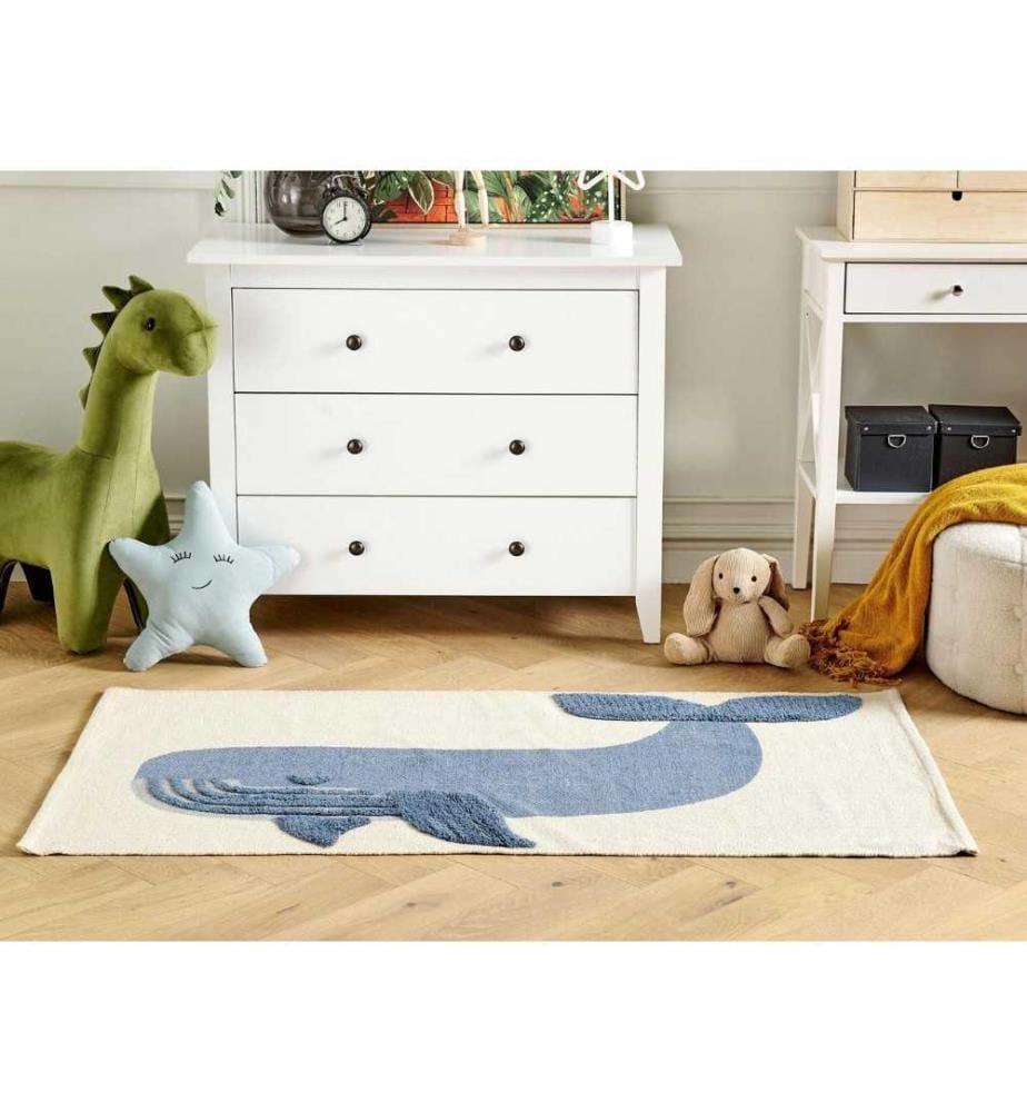 Kinderteppich Beige und Blau 80 x 150 cm Baumwolle mit Walmotiv, handgewebt, Spielmatte