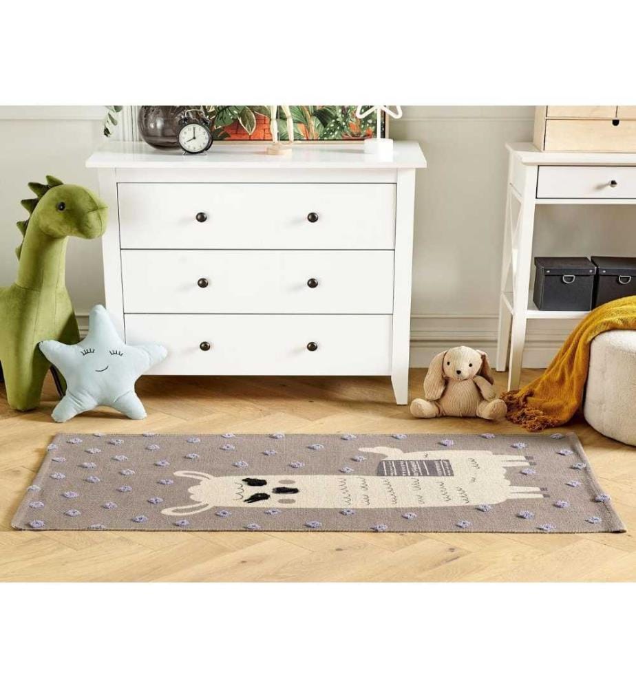 Kinderteppich Braun aus Baumwolle 80 x 150 cm Lama Motiv für Kinderzimmer Kinder Spielteppich