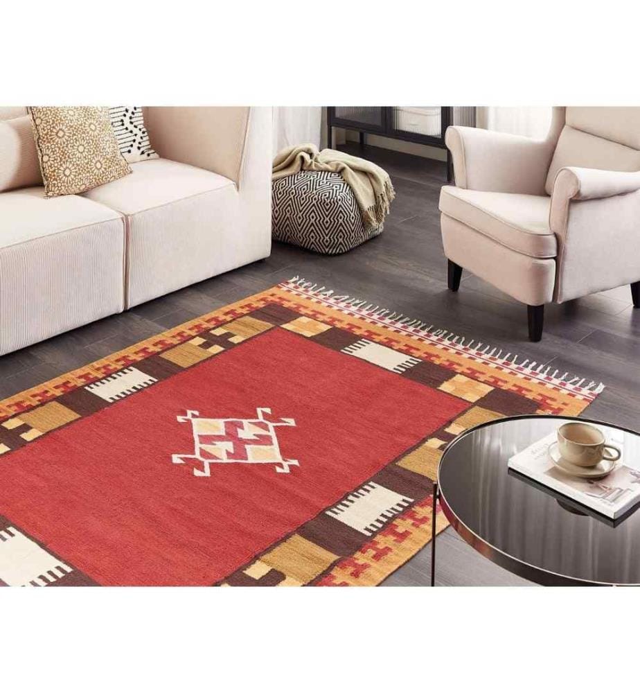 Kelim-Teppich Mehrfarbig Baumwolle 140 x 200 cm mit Fransen Geometrischem Muster Handgewebt Zweiseitig Modern Boho Wohnzimmer Schlafzimmer