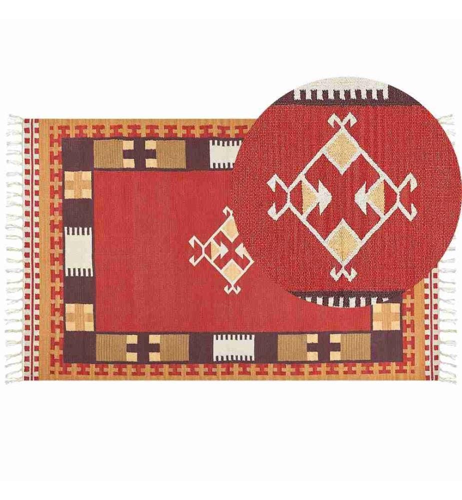 Kelim-Teppich Mehrfarbig Baumwolle 140 x 200 cm mit Fransen Geometrischem Muster Handgewebt Zweiseitig Modern Boho Wohnzimmer Schlafzimmer