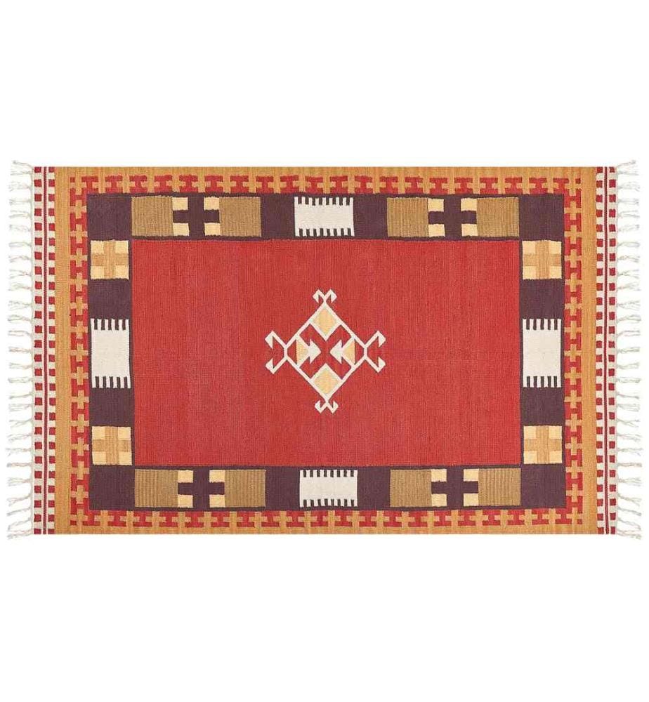 Kelim-Teppich Mehrfarbig Baumwolle 140 x 200 cm mit Fransen Geometrischem Muster Handgewebt Zweiseitig Modern Boho Wohnzimmer Schlafzimmer