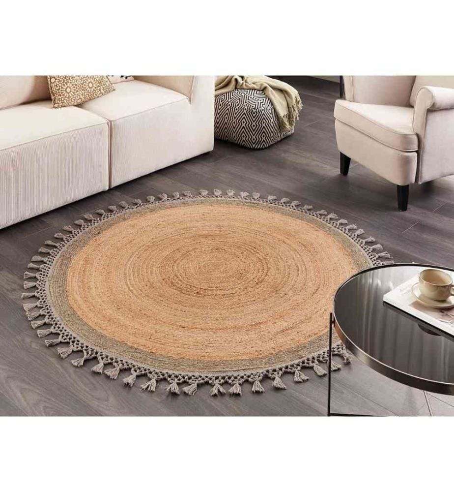 Tapis Rond Beige et Gris en Jute Naturel 140 cm Design Spirale Tressé Fait à la Main pour Chambre Salon Boho Rustique