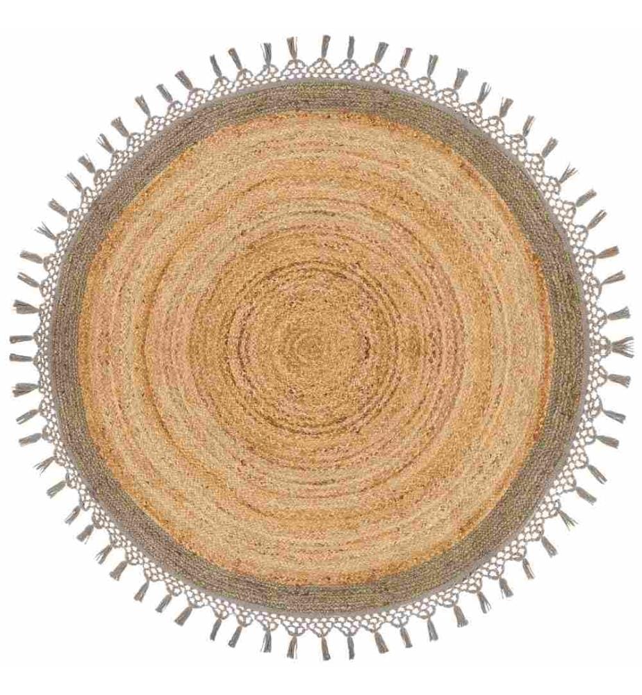Runder Teppich Beige und Grau aus Naturjute 140 cm Handgeflochtenes Spiraldesign Handgefertigt für Schlafzimmer Wohnzimmer Boho Rustikal