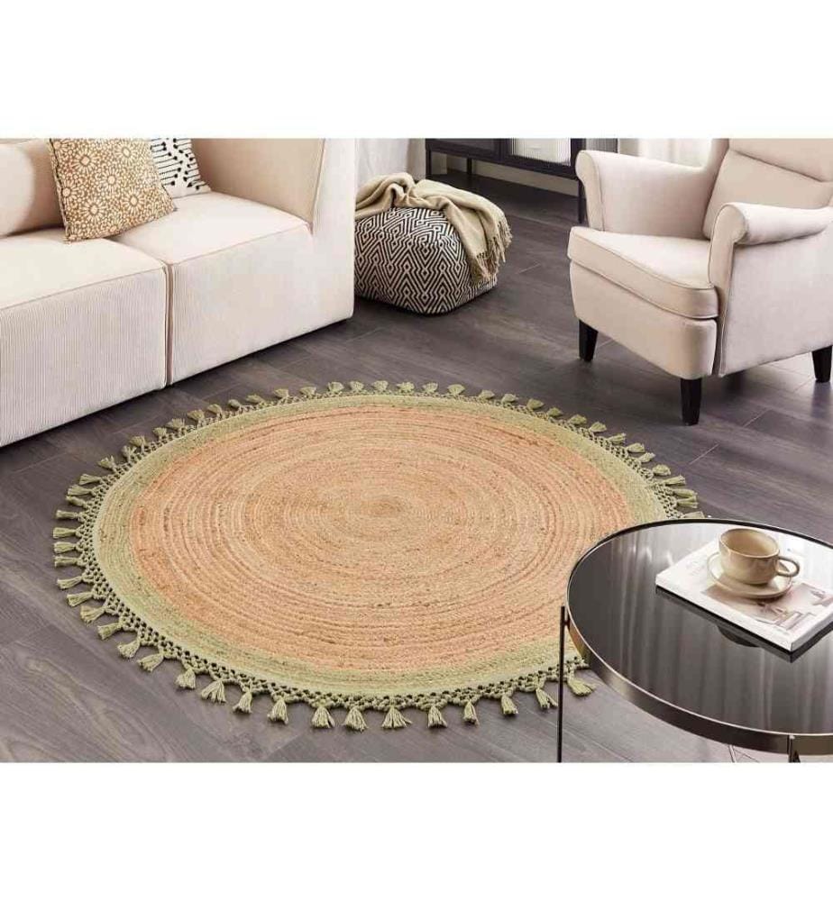 Tapis Rond Beige et Vert en Jute Naturel 140 cm Design Spirale Tressé Fait à la Main pour Chambre Salon Boho Rustique