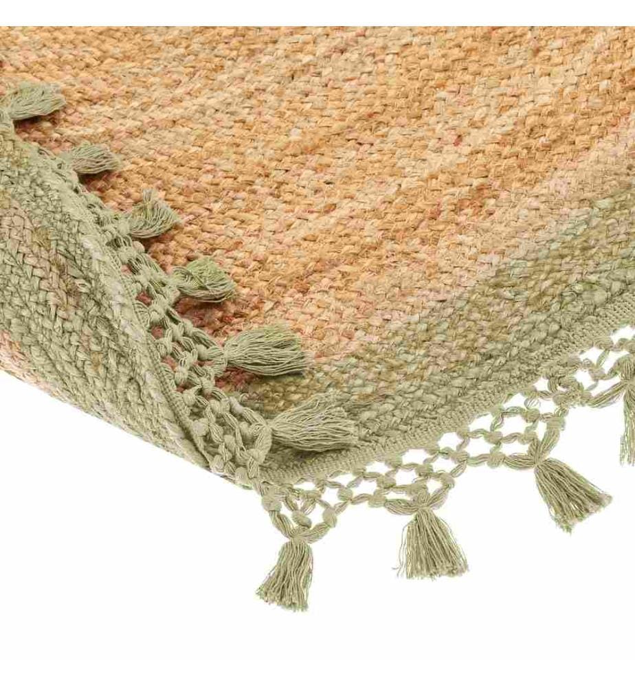 Tapis Rond Beige et Vert en Jute Naturel 140 cm Design Spirale Tressé Fait à la Main pour Chambre Salon Boho Rustique